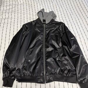 Members Only Black Bomber Jacket with Gray Hood